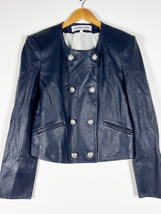 Veronica Beard Jackets & Blazers - Veronica Beard Winslow Genuine Leather Double Breasted Blazer Jacket Navy Blue